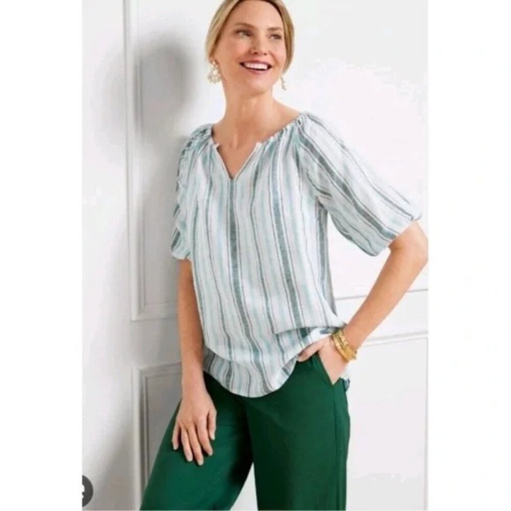 Talbots Womens Size XL‎ 100% Linen Short Sleeve Striped Blouse in White $89 2000
